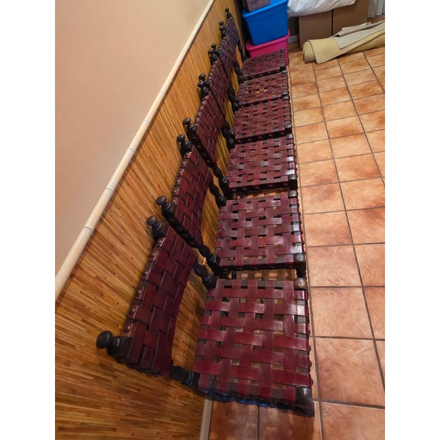 Mid 20th Century Spanish Set of Six Interlaced Leather Wooden Chairs For Sale - Image 4 of 12