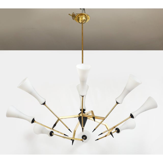 Metal 1960s Mid-Century Modern Attributed to Stilnovo Large 8 Arm Modernist Brass Chandelier For Sale - Image 7 of 16