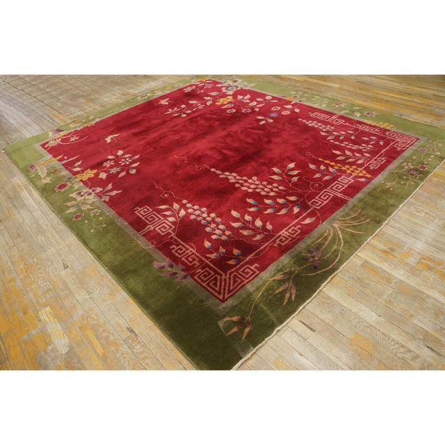 1920s Red Rust Field Floral Greek Key Antique Chinese Art Deco Wool Rug 8' X9'6" For Sale - Image 4 of 9