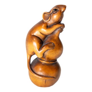 20th Century Japanese Carved Boxwood Netsuke of Rat on Double Gourd, Signed For Sale