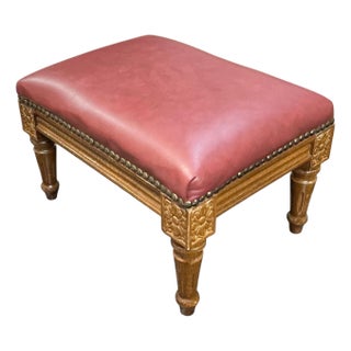 Mid-Century French Walnut & Leather Petite Ottoman / Stool / Bench For Sale