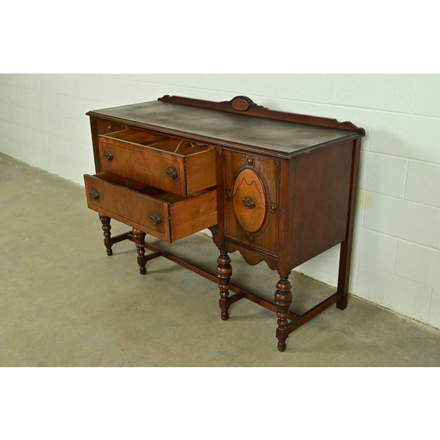 1920s Berkey & Gay Style Antique English Jacobean Carved Walnut and Burl Wood Sideboard, Circa 1920s For Sale - Image 5 of 13