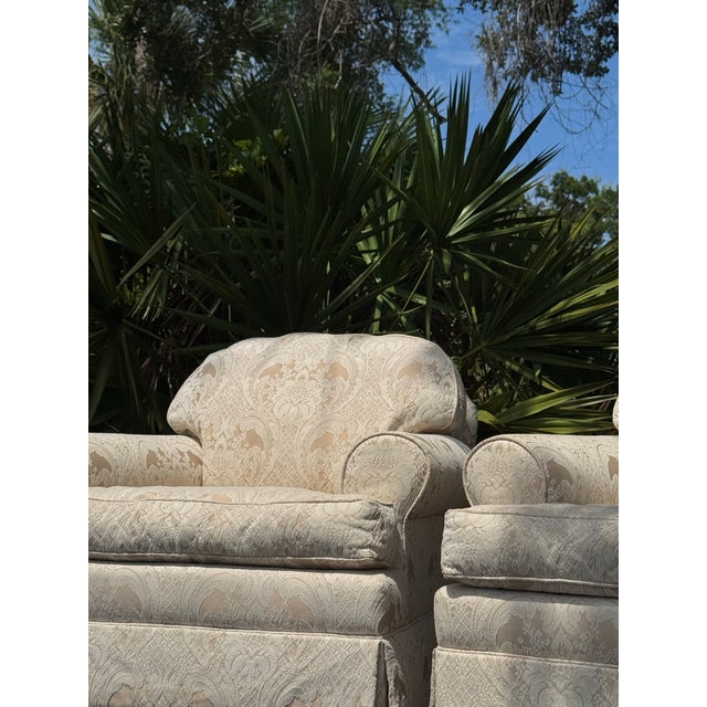 1990s Pair of Vintage Ethan Allen White Damask Upholstered Accent Chairs For Sale - Image 5 of 8