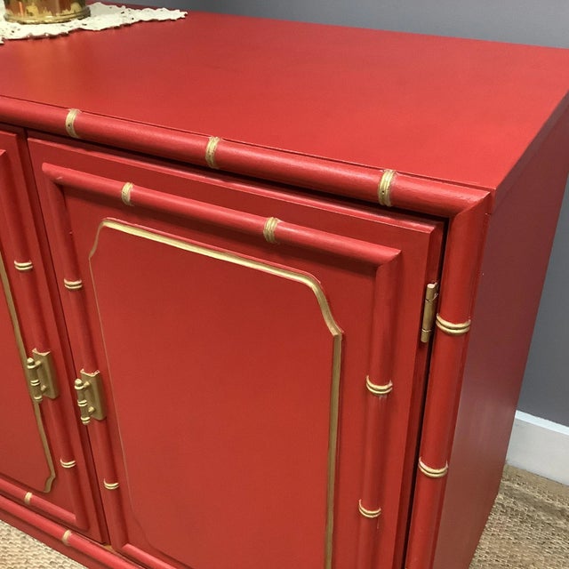 Red Chinoiserie Double Door Buffet Sideboard Petite Faux Bamboo Design w Drawer. 36" length by 29.5" tall and 18" deep....