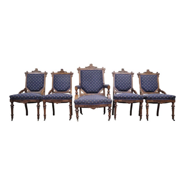 Antique Victorian Eastlake Style Carved Pineapple Upholstered Parlor Chairs For Sale