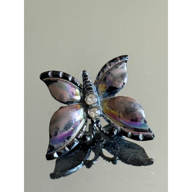 Mid Century Gunmetal Butterfly Brooch With Iridescent Wing Panels For Sale In New York - Image 6 of 8