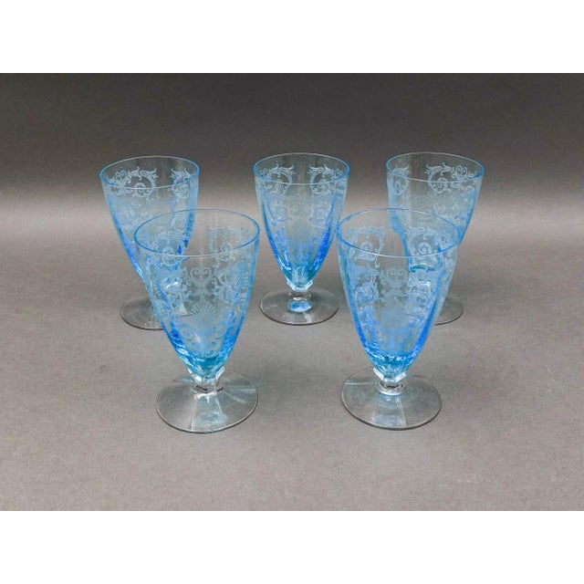 Fostoria Versailles Azure Blue Etched Crystal Parfait Tumbler Glasses Set Of 5 Measures approximately 3 1/8" diameter, 5...