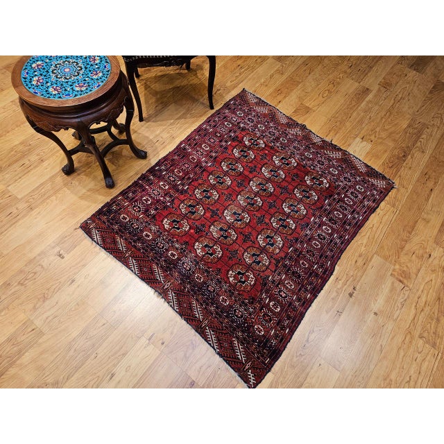 Vintage Turkmen Tekke Area Rug in Allover Geometric Pattern in Brick-Red, Navy, Ivory, Brown For Sale - Image 4 of 16