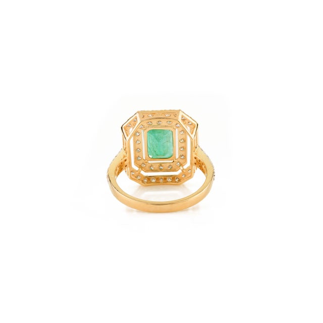 Metal 18k Gold Emerald & Diamond Art Deco Style Engagement Ring Size 8 For Sale - Image 7 of 11