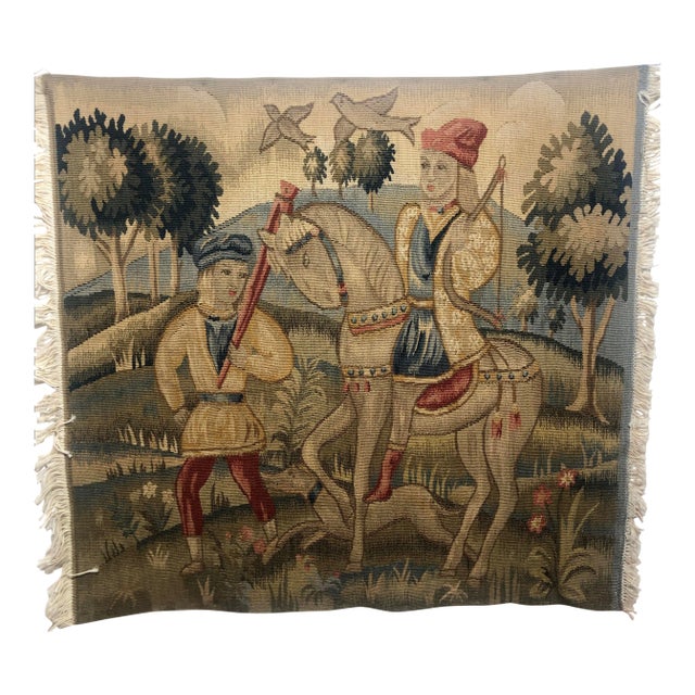 1990s Hand Woven Wool Tapestry Fragment Featuring a Man on Horseback With Guide in Gold, Green and Red Colors For Sale