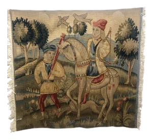 1990s Hand Woven Wool Tapestry Fragment Featuring a Man on Horseback With Guide in Gold, Green and Red Colors