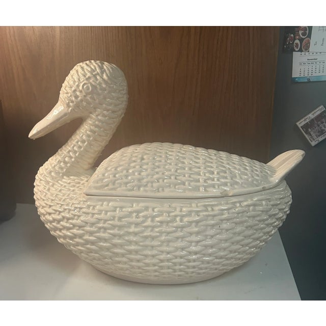 Cottage Chic White Wicker Ceramic Goose Tureen With Lid For Sale - Image 12 of 12