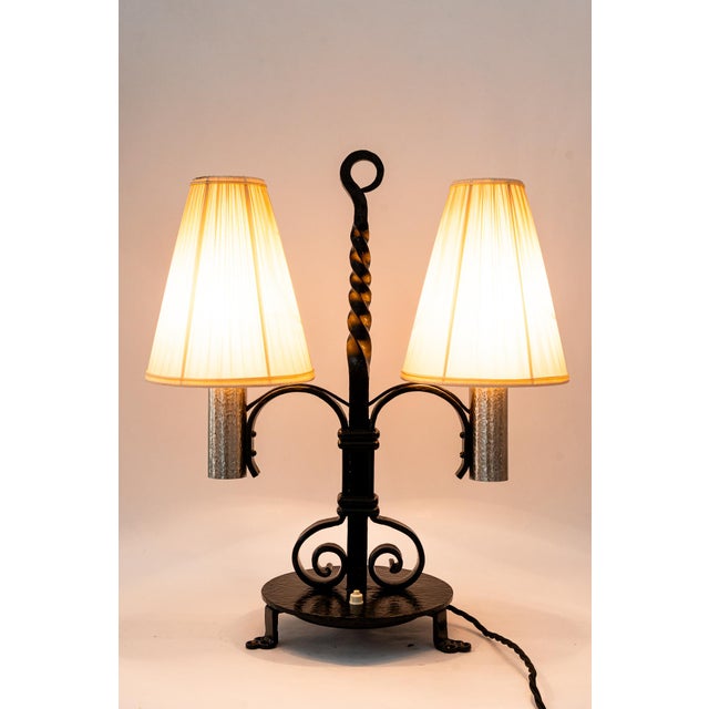 Art Deco Cast Iron Table Lamp with Fabric Shades, 1920s For Sale - Image 14 of 18