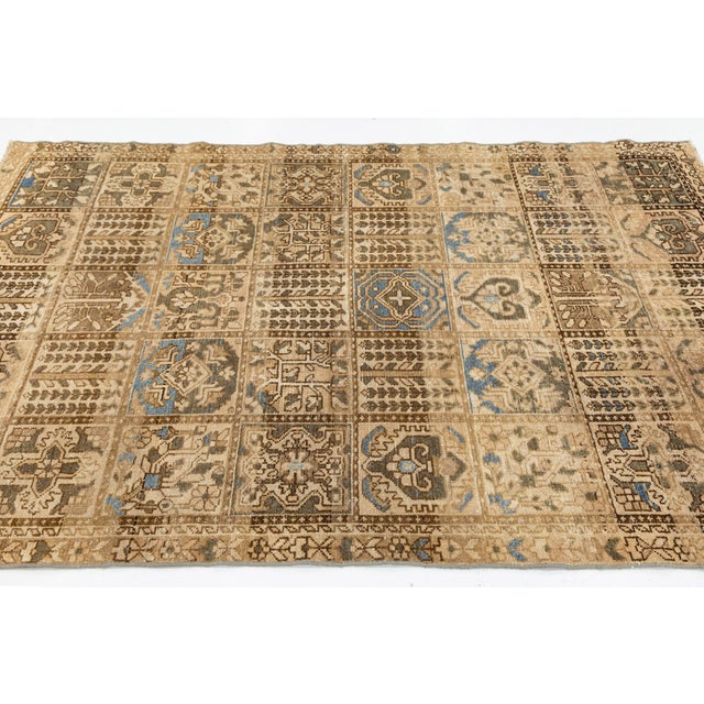 1940s Vintage Hand-Knot Wool Grid Motif Area Rug in Earthy Tones & Slate Blue Accents For Sale - Image 5 of 9
