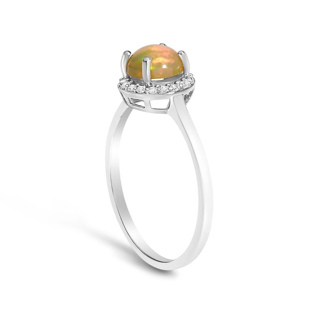 10K White Gold Opal and 1/10 Cttw Diamond Halo Ring For Sale - Image 4 of 7