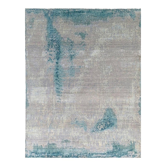 9x12 Stylish Sumptuous Aqua Abstract Modern Hand Knotted Wool Carpet Rug For Sale