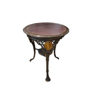 Round Cast Iron, Wood & Leather Coffee Table For Sale