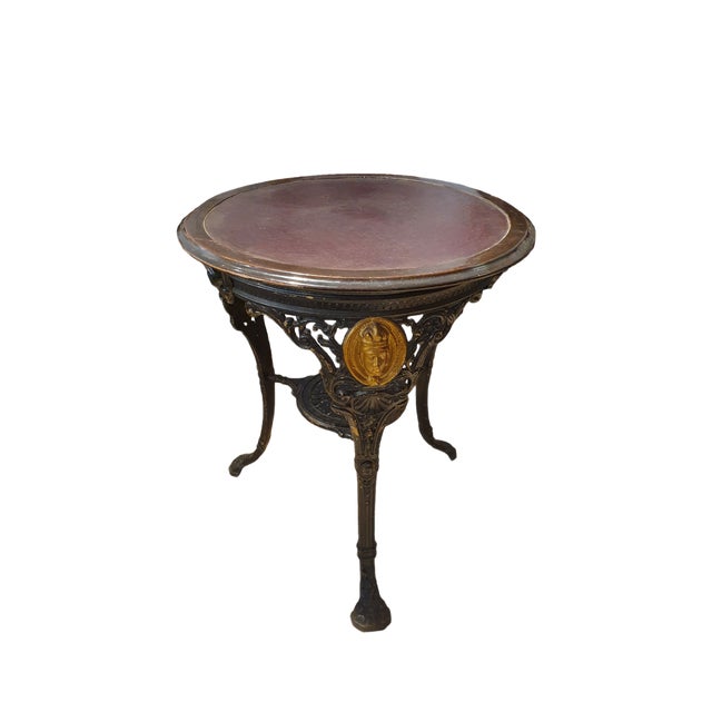 Round Cast Iron, Wood & Leather Coffee Table For Sale