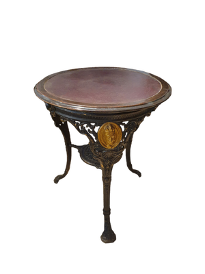 Round Cast Iron, Wood & Leather Coffee Table