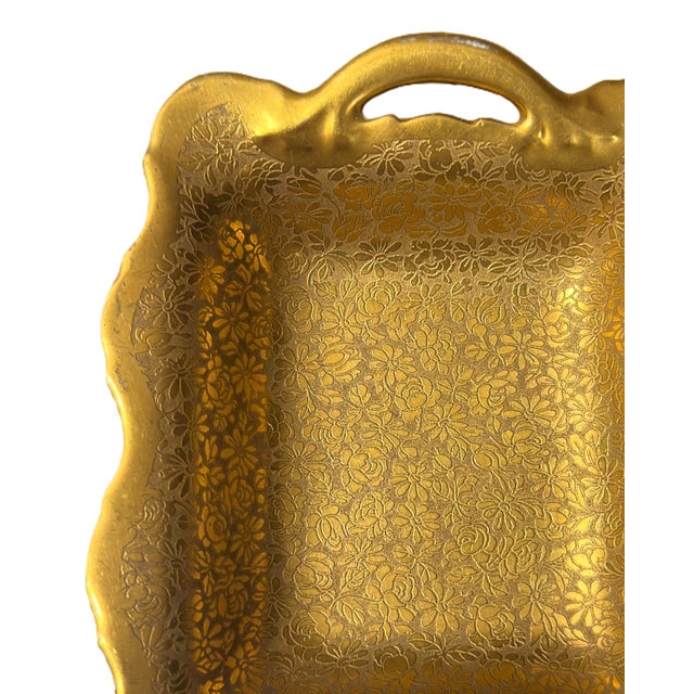 Mid-Century Modern Vintage Pickard Etched Gold Rose Chintz Handled Tray - Hollywood Regency For Sale - Image 3 of 12