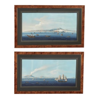 Pair of Italian Bayscape Gouache Paintings With Mt.Vesuvius For Sale