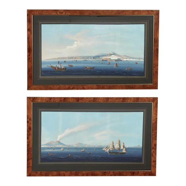 Pair of Italian Bayscape Gouache Paintings With Mt.Vesuvius For Sale