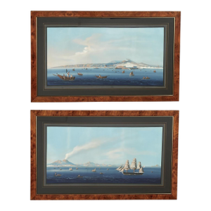 Pair of Italian Bayscape Gouache Paintings With Mt.Vesuvius