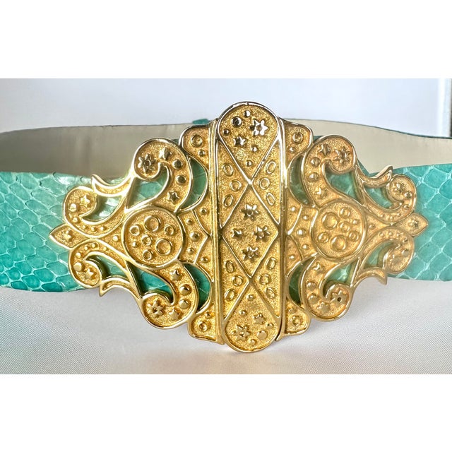 Blue 1990s Judith Leiber Belt Snakeskin Turquoise Blue Green Gold Plated Buckle Art Deco Adjustable Vintage For Sale - Image 8 of 11