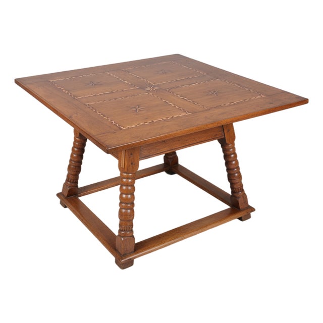 Antique Oak Table with Star Inlays and Double-Sided Drawer, 1800 For Sale