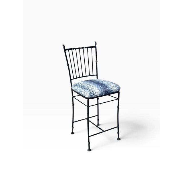 Late 20th Century Faux Bamboo Wrought Iron Counter Stool | Spindle Back & Blue Damask Seat | Sold Individually, 5 Available For Sale - Image 5 of 12