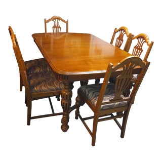 1920s Oak Jacobean Revival Stretcher Base Dining Table & 6 Chairs For Sale