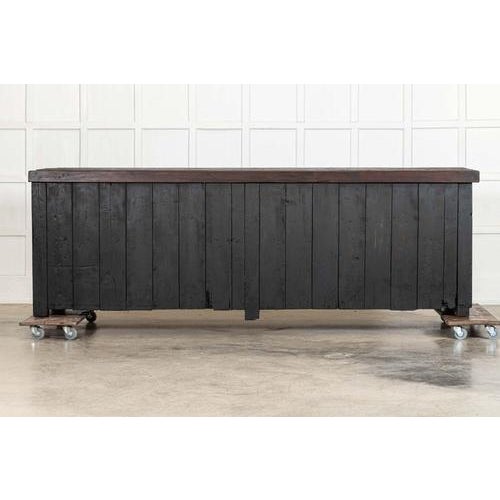 circa 1900 Monumental English Ebonised Pine Work Table / Island W276 x D79 x H92 cm Internal shelf depth 71.5 cm Weight 211Kg