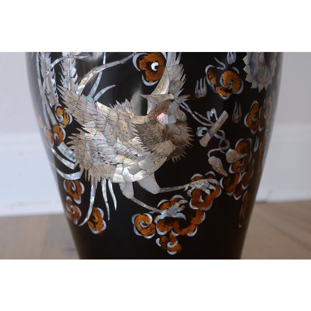Large Vintage 1960s Vietnamese Black Lacquer & Mother of Pearl Floor Vases - A Pair For Sale - Image 10 of 15
