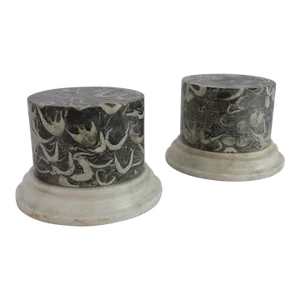 Antique 19th Century Italian Grand Tour Gray Specimen Marble Table Top Column Display Pedestals - a Pair