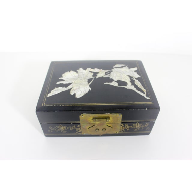 Vintage Black Lacquered Wood Jewelry Box With Inlaid Mother of Pearl Shell and Brass Details For Sale - Image 9 of 11