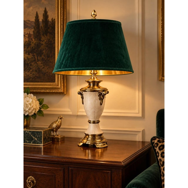 Hollywood Regency Vintage Hollywood Regency Ivory Ceramic and Gold Urn Lamp With Emerald Velvet Shade For Sale - Image 3 of 4