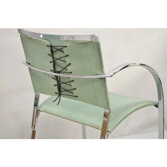 Late 20th Century Italian Modern Naos Italy Teal Blue Leather Chrome "Corset" Arm Chairs - A Pair For Sale - Image 11 of 12