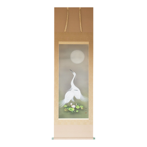 "Egrets and the Moon" by Kawamura Shusui, Showa Era Japanese Silk Scroll Painting