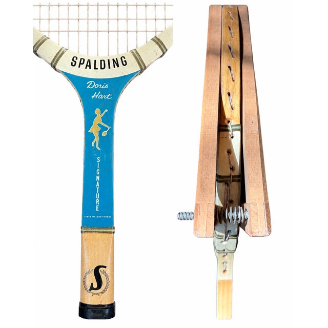 Spalding Set of 3 Vintage Wooden Tennis Rackets - Tad Imperial, Spalding Pancho Gonzales Signature & Doris Hart Signature + Original Press | Circa 1955–1969 For Sale - Image 4 of 5