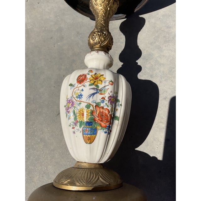 Vintage Hollywood Regency Floral Porcelain & Brass Floor Ashtray Stand For Sale - Image 4 of 13