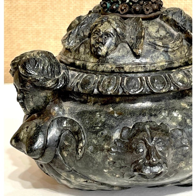 18th Century/Older Italian Renaissance Style Carved Verdigris Marble Table Box For Sale - Image 11 of 12