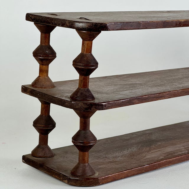Vintage French Salvaged Bobbin Reels 3 Tier Wood Shelving Unit, Table/Counter Top Etageres For Sale - Image 9 of 18