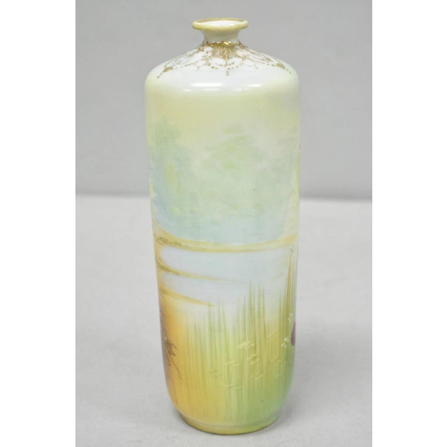 Antique Nippon Hand Painted Pink Rose & Lake Scene Small Porcelain Cylinder Vase For Sale - Image 10 of 14