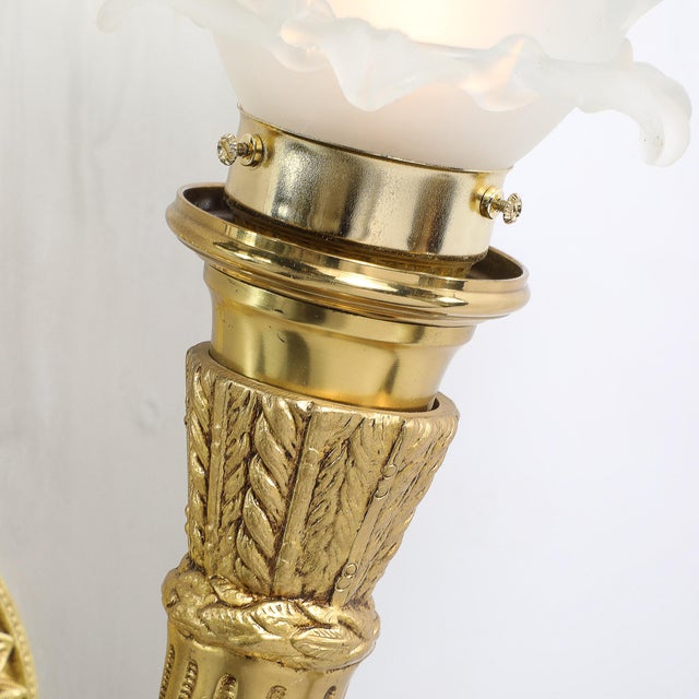 Mid 20th Century Pair of Neoclassical Antique Brass Torch Form Sconces With Frosted Glass Shades For Sale - Image 5 of 14