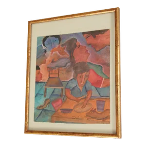 Roman Andrade Llaguno 1990s Original Gouache Painting, Custom Framed