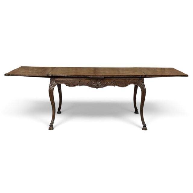Early 20th Century Antique Liegeois Regence Style Carved Oak Parquet Draw Leaf Dining Table For Sale - Image 5 of 18