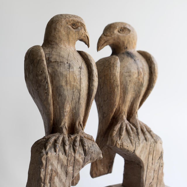 Early 20th Century Pair of Antique French Folk Art Carved Oak Falcon Figures, Wooden Bird Sculpture For Sale - Image 5 of 14