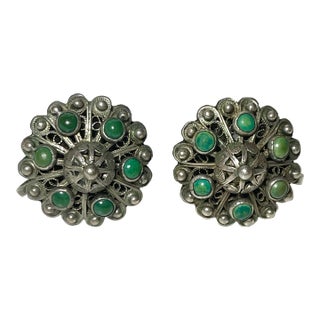 1920s Turquoise and Silver Filigree Screwback Earrings - 2 Pieces For Sale