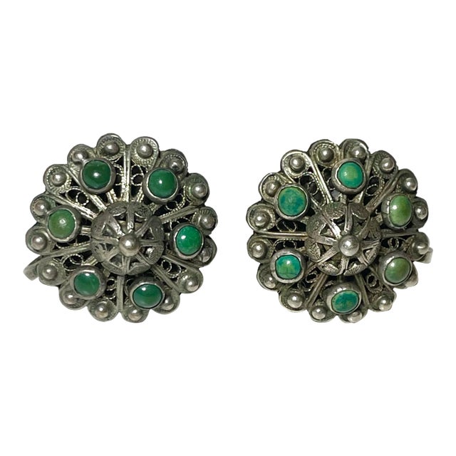 1920s Turquoise and Silver Filigree Screwback Earrings - 2 Pieces For Sale