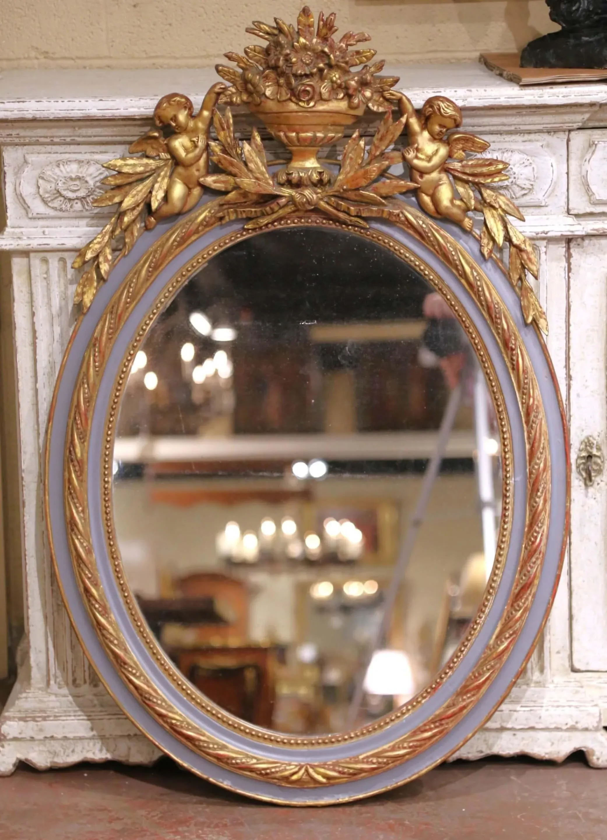 19th Century French Louis XVI Two-Tone Gilt and Painted Oval Wall